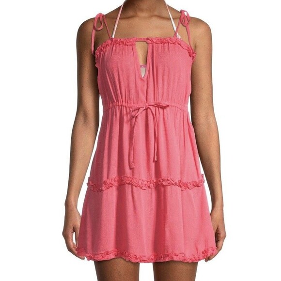 BCBGENERATION Dress Sleeveless Sundress Mini Ruffle Coverup Coral Gauze‎ XL NWT - Picture 1 of 6